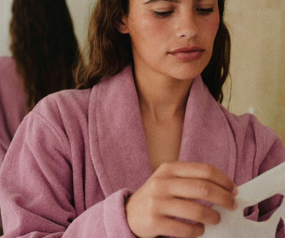 Woman in pink bathrobe with a face mask in hand