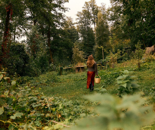 Woman in lush orchard with basket